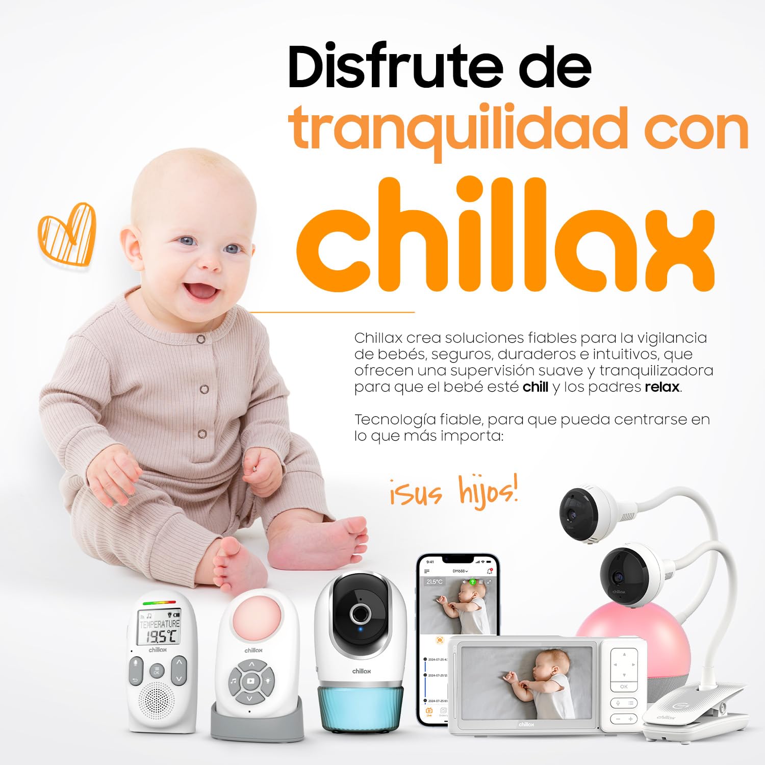 CHILLAX - Cámara para bebés Candle - 2K QHD 360° panorámica controlable en Remoto - Compacta - Visión Nocturna - Sensor de Temperatura con Alarma - Walkie-Talkie - Luces nocturnas y Nanas- con App