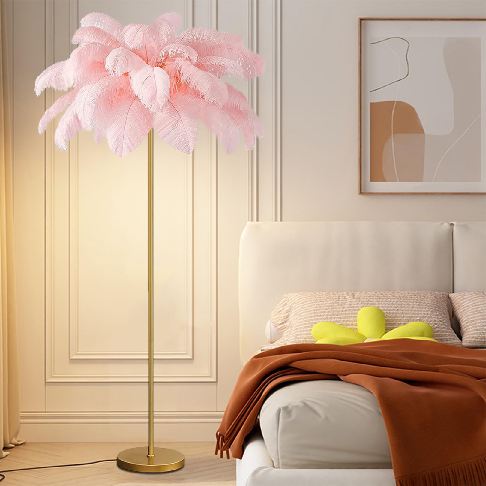 ANram Floor lamp with G4-LED Bulb,Ostrich Feather Lamp with 48 Feathers Lampshade Gold Standing LampSuitable for Living Rooms Girl Bedroom Tall Corner Reading lamp