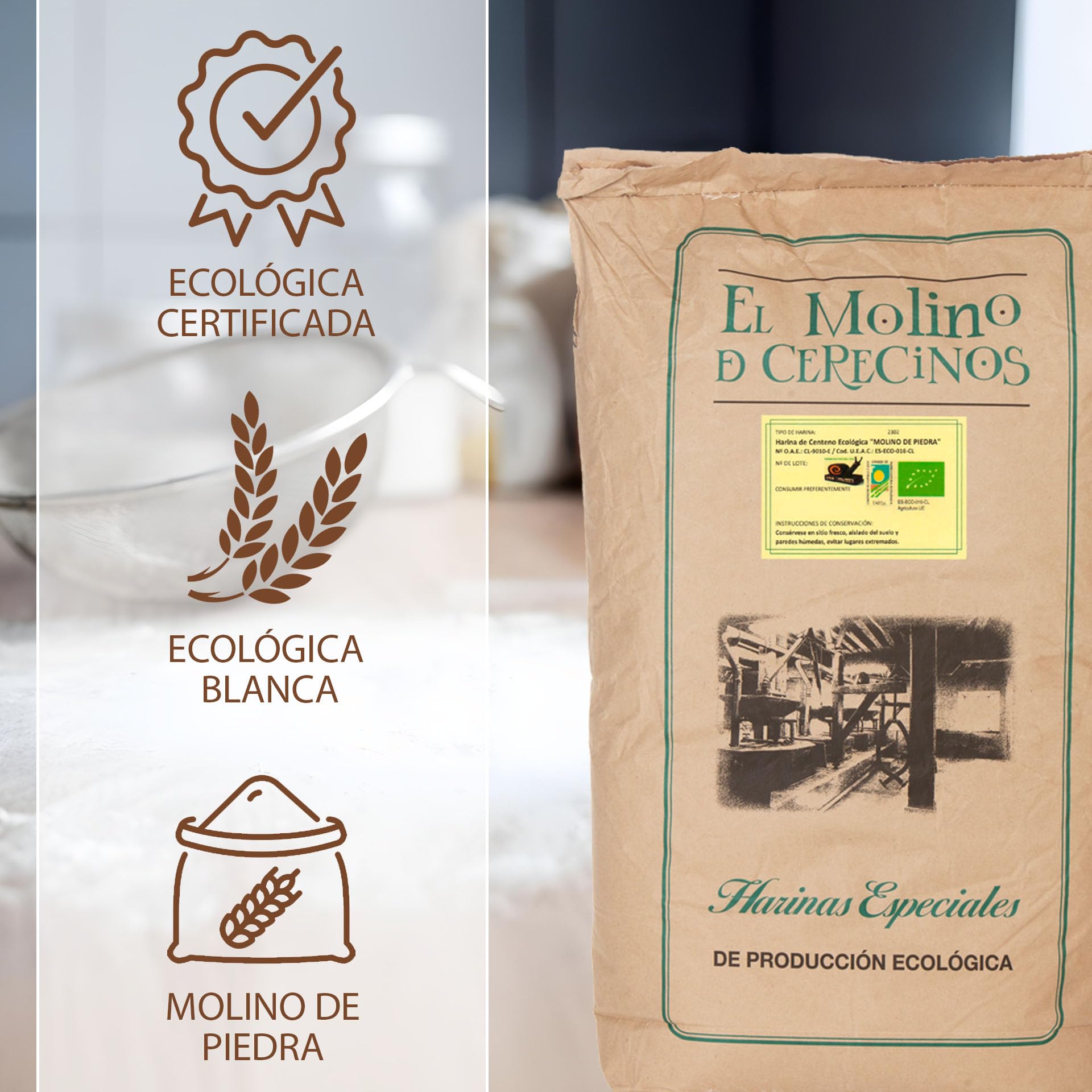 Harina de Centeno Ecológica Blanca | Molida en Piedra | Harina de Centeno | Ideal Para Recetas Tradicionales, Panadería | Favorece La Digestión | Para Uso Profesional | De 25kg
