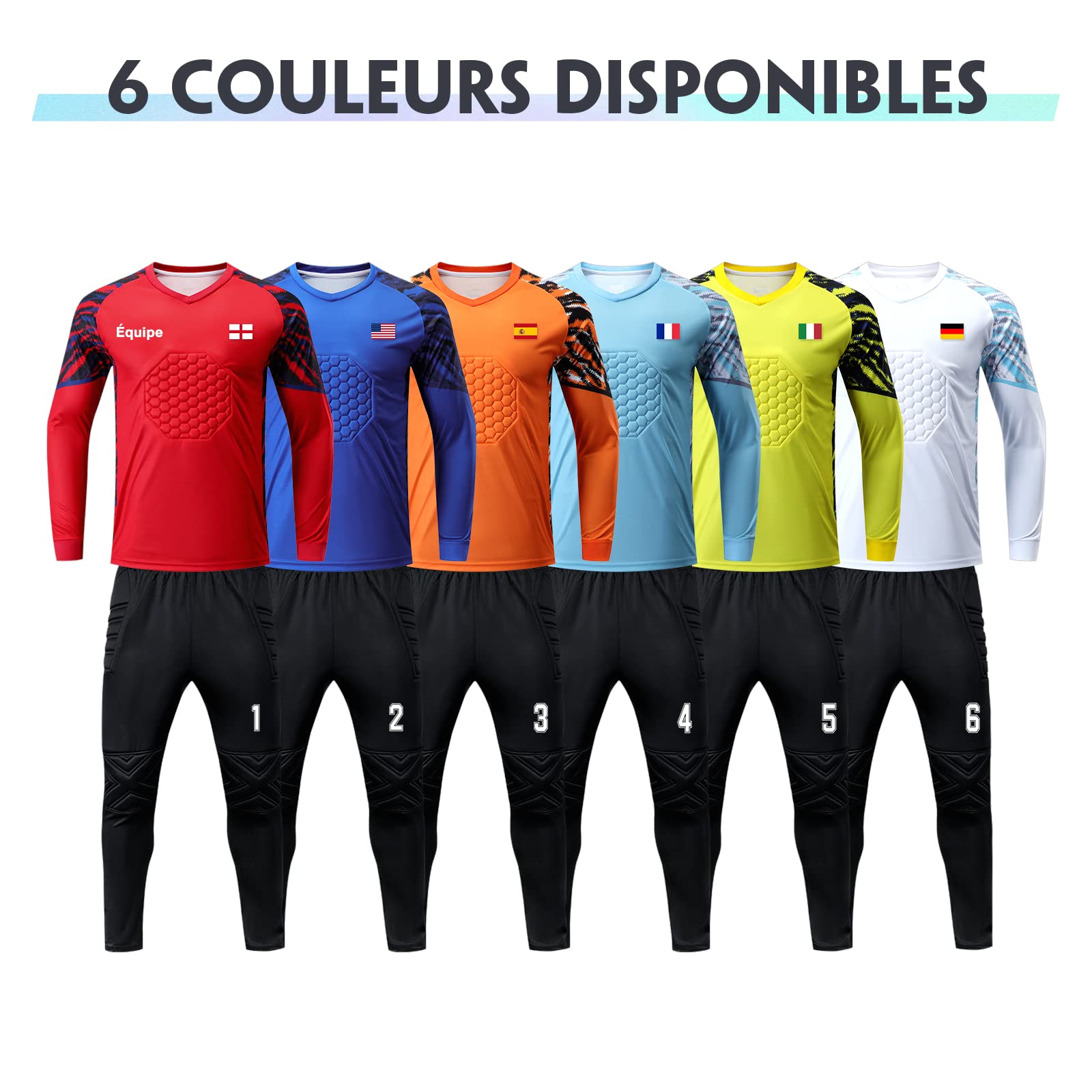 Maillot de Gardien de But Enfant Homme avec Le Logo de Numéro de Nom Football Maillot Rembourré et Pantalon Foot