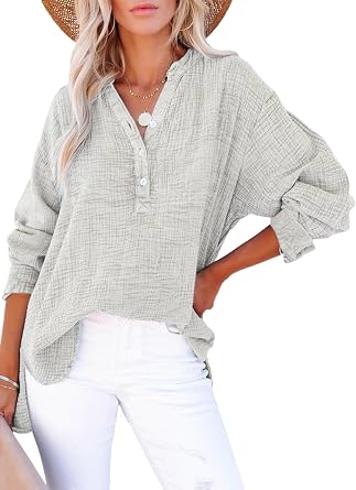 Dokotoo Long Sleeve Shirts for Women Casual V Neck Oversized Blouses Tops | Fall Outfits for Women, Button Down, Soft Lightweight Cotton Fabric, Solid Loose Tops, 3/4 Sleeve Roll Up, Boyfriend Shirts
