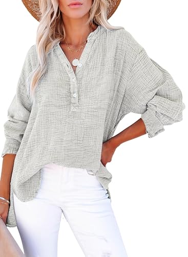 Womens Casual Button V Neck Long Sleeve Shirts Oversized Solid