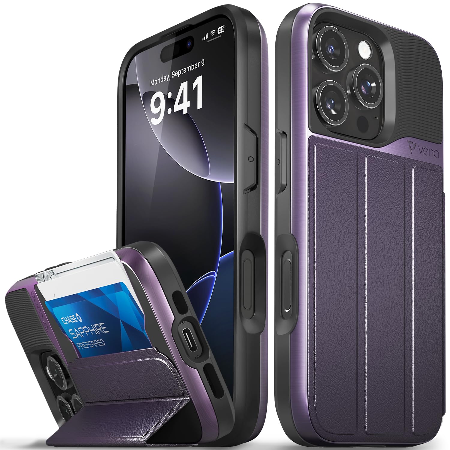VENA vCommute for iPhone 16 Pro Wallet Case, [Military Grade Drop Protection] Flip Leather Cover Slot Card Holder with Kickstand - Purple