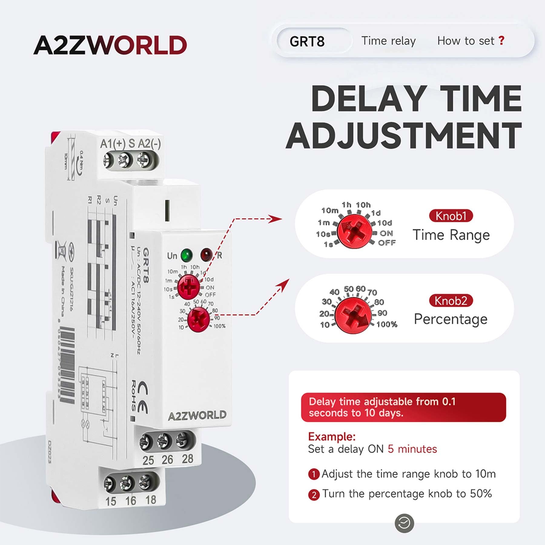 2 Pezzi Relè Passo Passo Silenzioso con Uscita a Spegnimento Ritardato, R1 (Passo-Passo), R2 (Ritardo alla Diseccitazione), Relè Bistabile e Timer OFF Delay 0,1s-10 Giorni, 16A, AC/DC 12-240V