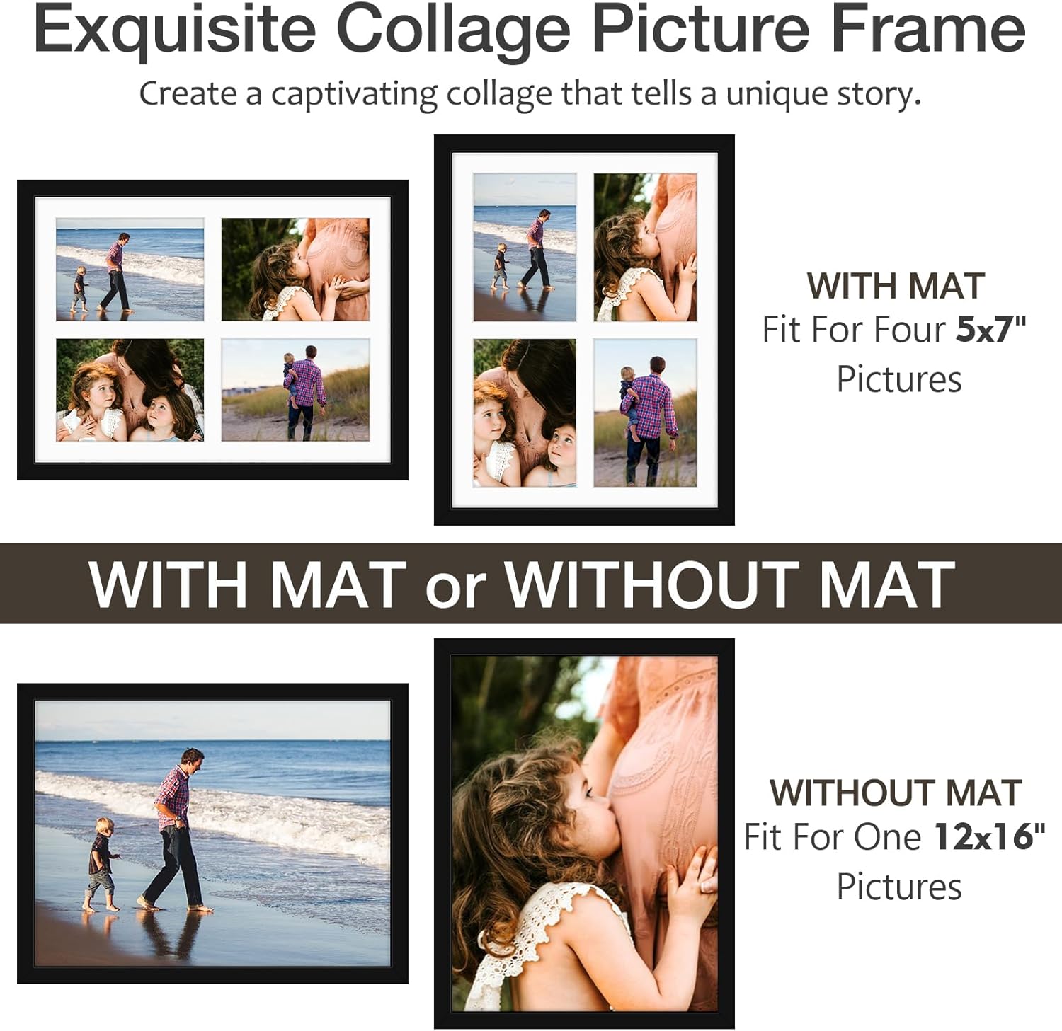 Golden State Art, 12x16 Black Wood Collage Picture Frame - Picture Frame with White Mat Displays Four 5x7 Photos - Collage Frame - Tempered Glass, Sawtooth Hanger, Swivel Tabs - Wall Mounting - Image 5