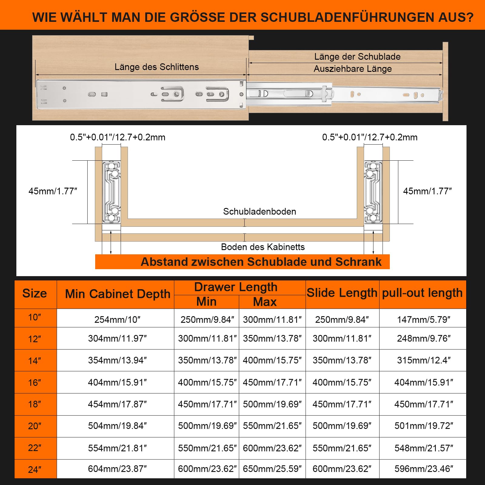Schubladenschienen, 50cm, 6 Paar (12 Stück), sanft schließende, Vollauszug, 3-fach gefaltet, rollenauszug schubladenauszüge, seitliche Montage, schubkastenauszug, 45,4 kg Kapazität, Silber,20inch