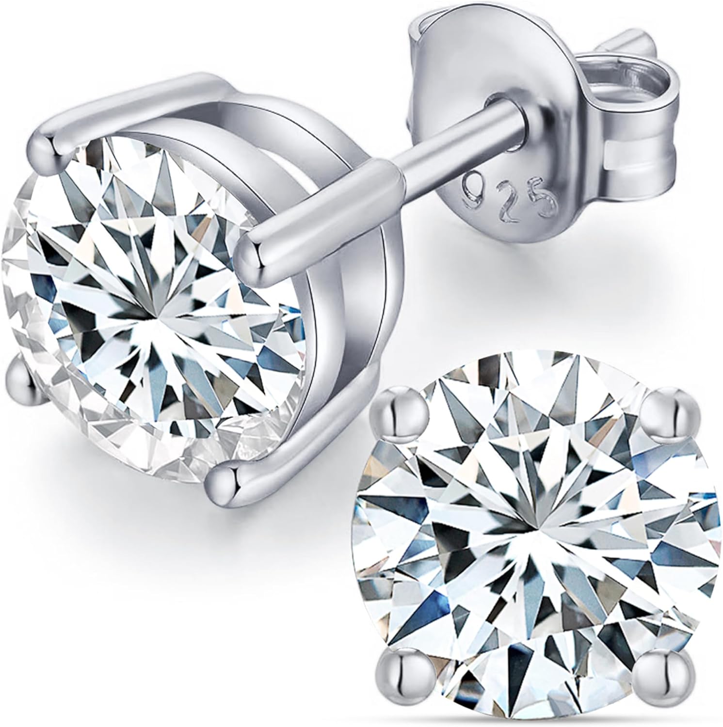Metal Masters Round Brilliant Lab Grown Diamond Stud Earrings 18K White Gold Sterling Silver 925 E-F Color VS1-VS2