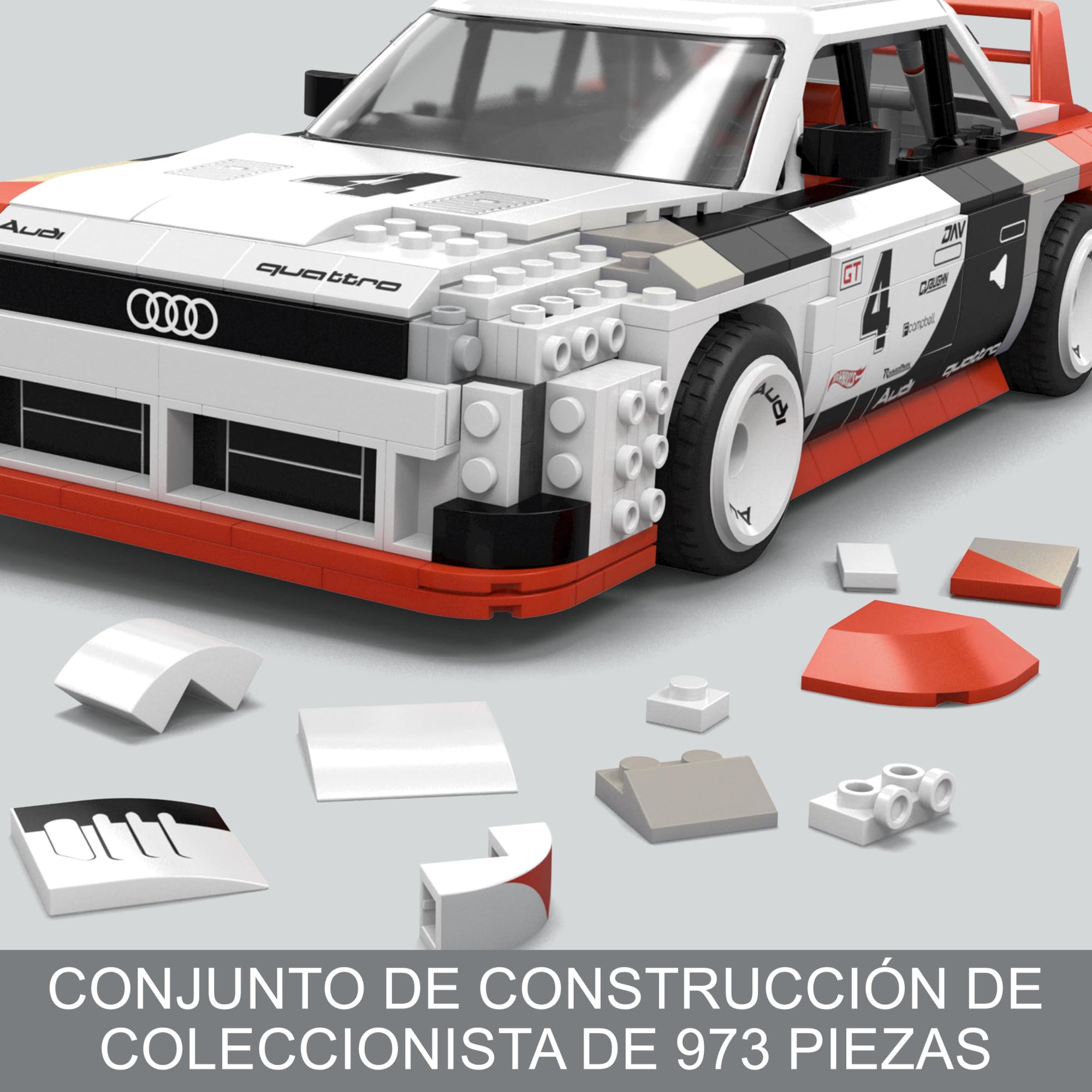 MEGA Hot Wheels Audi 90 Quattro ISMA GTO Coche de juguete de 973 bloques de construcción, incluye vehículo die-cast, +18 años (Mattel HRY20)