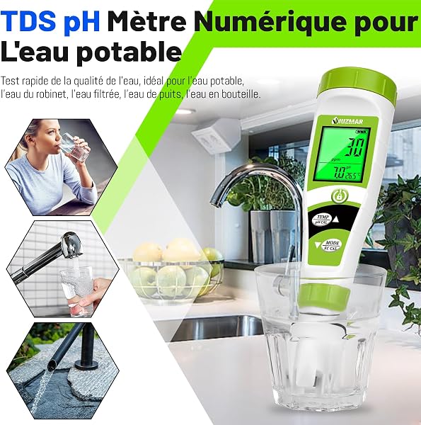 UIUZMAR pH Mètre 4 en 1 Testeur pH Piscine Électronique Testeur de pH et PPM avec Affichage Simultané Testeur pH EC pour Piscine Aquarium Eau Potable - 4