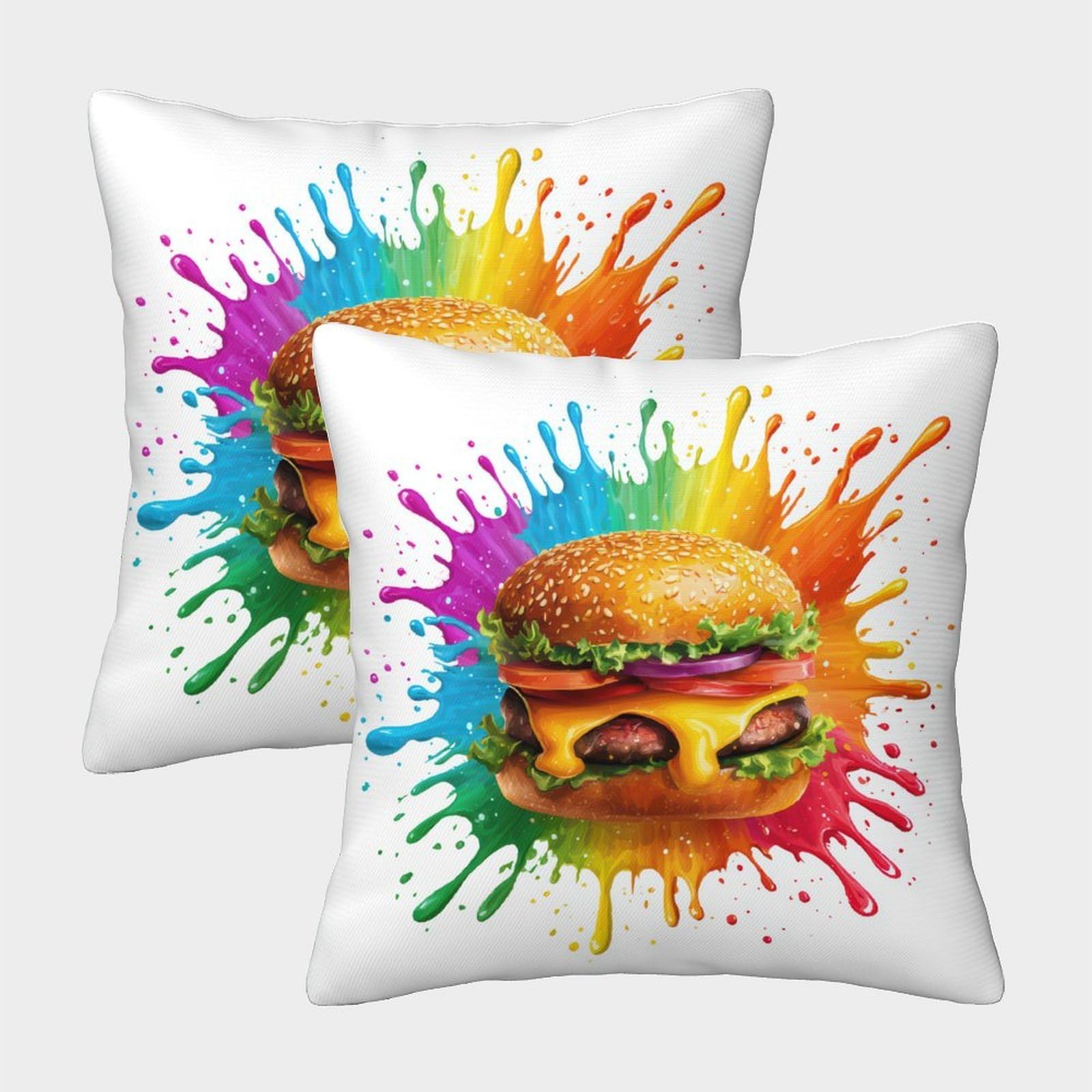 QFVANSIYO Colorful 3D Printed Burger Pillowcase Microfiber Bedroom Decor Adult Youth Burger Pillow Cover Soft Breathable 45x45cm
