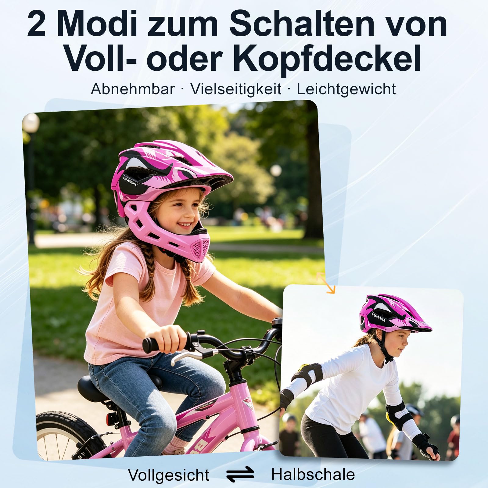 KINGBIKE Casque intégral pour enfant avec protège-menton amovible | Casque de vélo pour scooter, vélo et multisport, casque de protection à partir de 5 ans pour garçons et filles 51-55 cm