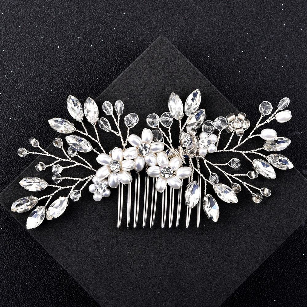 12x7cm Pearl Rhinestone Wedding Hair Clip Bridal Headpiece Hair Accessories,Silver Hair Comb Clip for Women