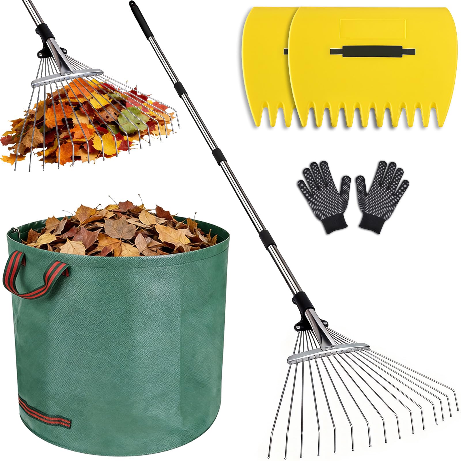 Garden Rake Tools with Leaf Rake Heavy Duty, Adjustable Weeding Rake14" Wide, Scoops & Bag, Glove, for Leafs Cleanup & Picker Up, Yard Lawn Shrub Gardening Leaves Weeding Tool
