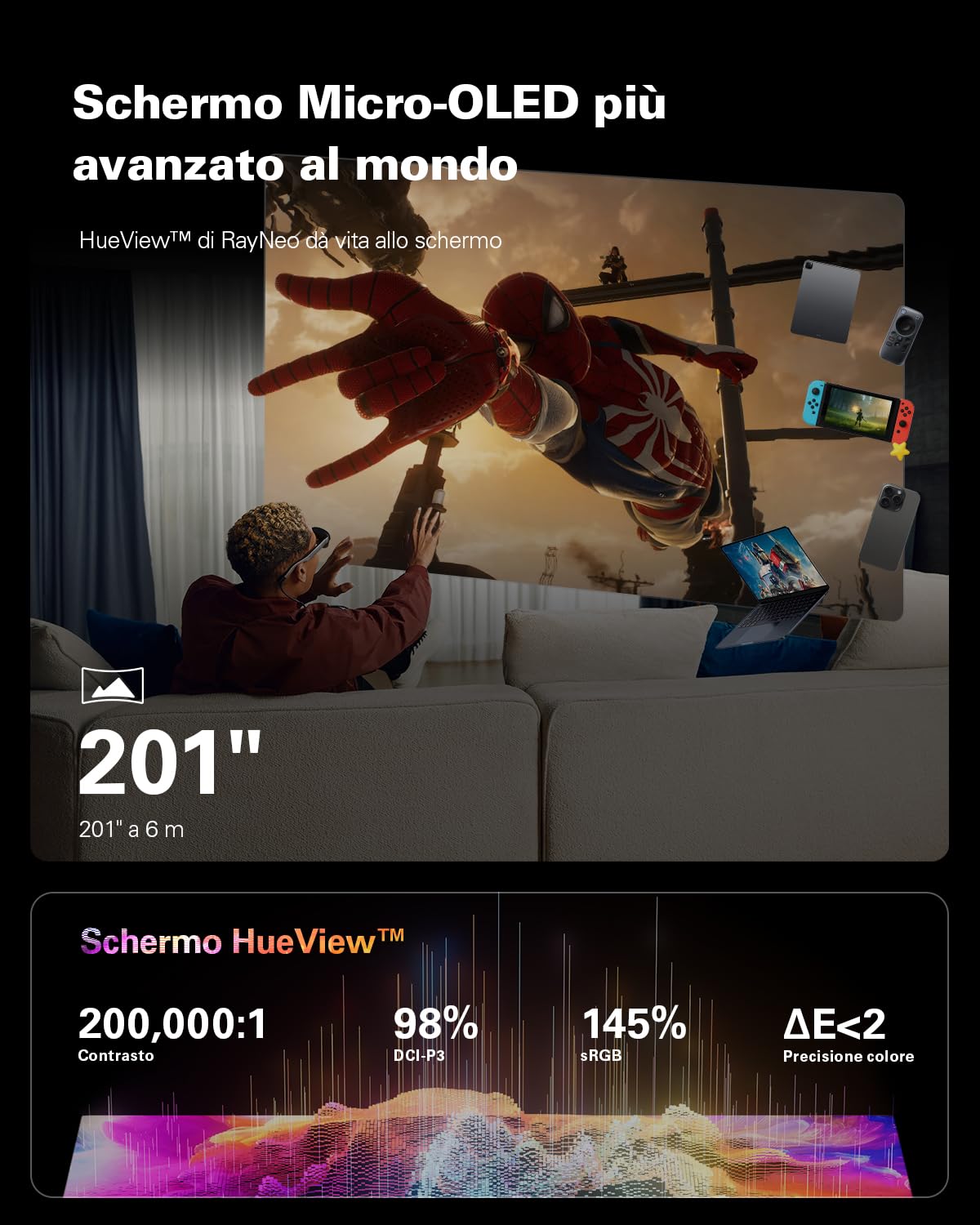 RayNeo Air 3s Occhiali AR/XR, Display HueView 201" 120Hz FHD, Dispositivo video AR portatile per iPhone 16/15, Android, Mac, Switch, PS5, Steam Deck – Teatro indossabile di prossima generazione