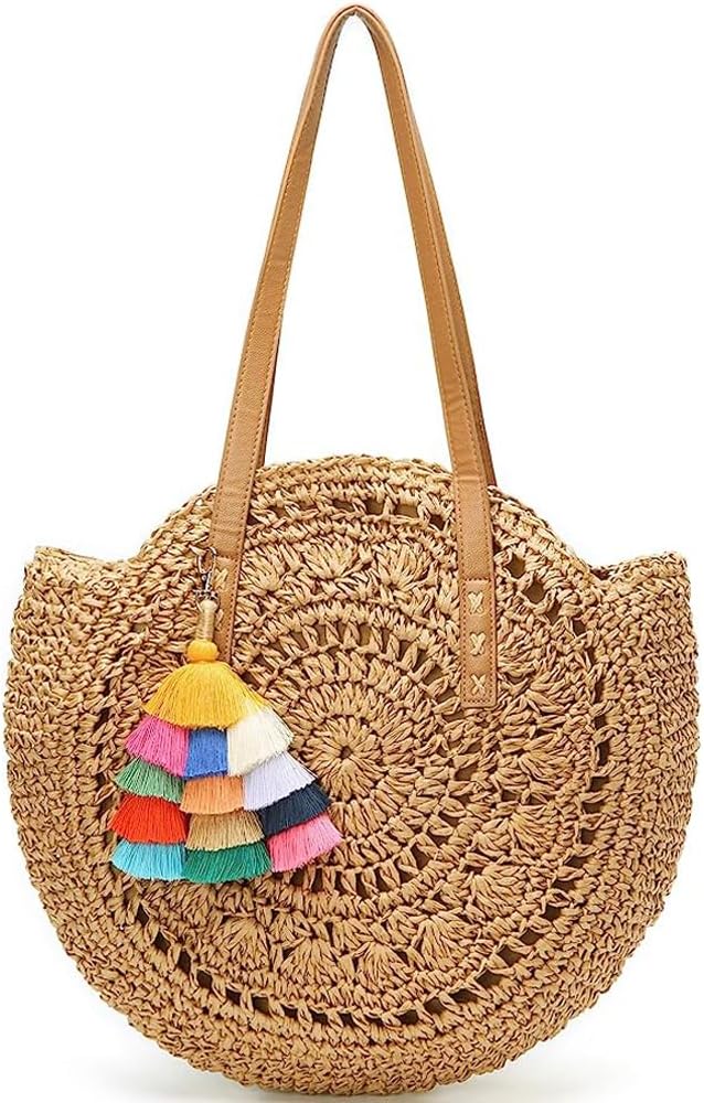 Straw Bag Round Summer Straw Large Woven Beach Bag Purse For Women Vocation Tote Handbags With Pom Poms