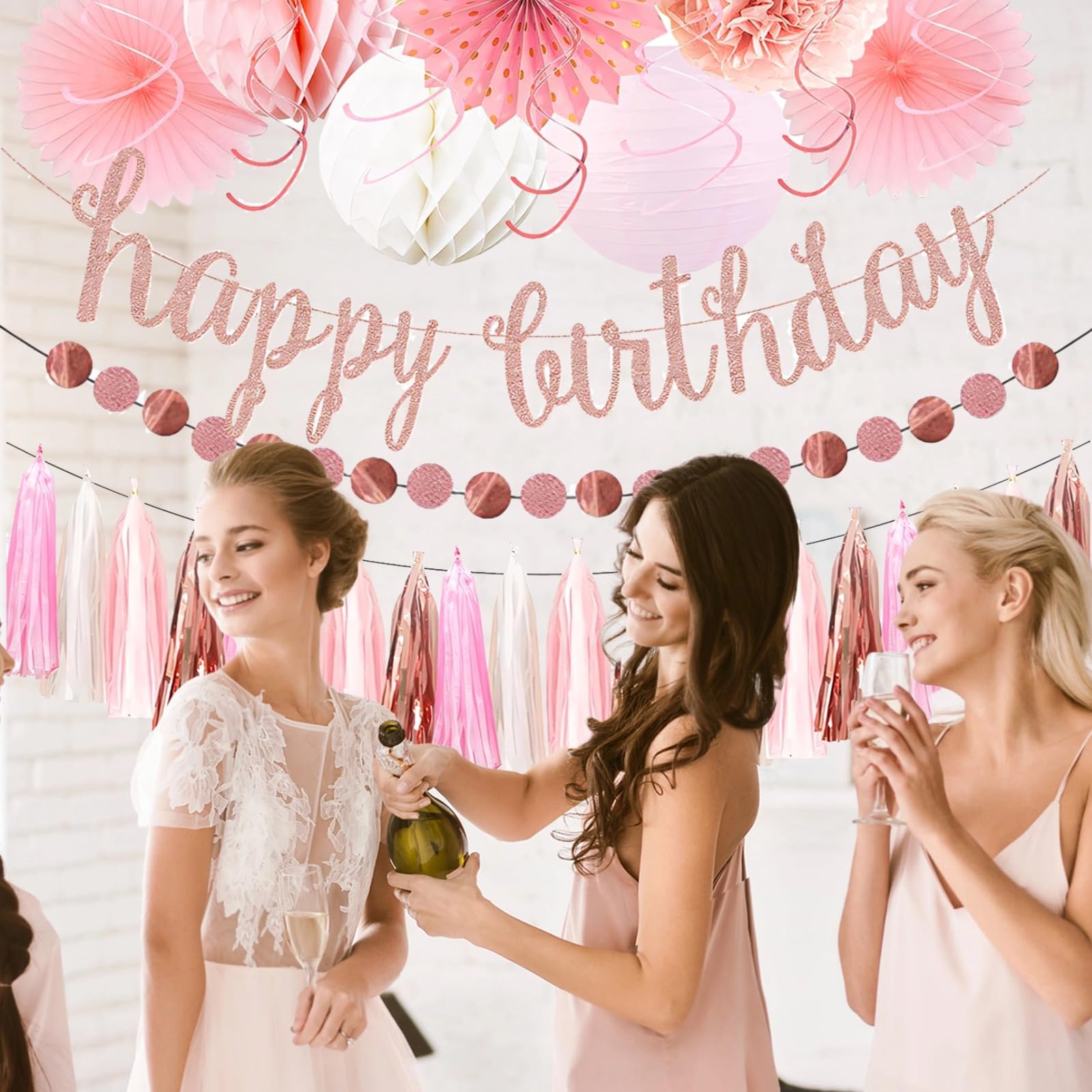Décorations d'anniversaire 22 pièces, kit de décoration pour fête d'anniversaire, décor rose gold, éventails en papier, lanternes, pompons et guirlandes à franges pour célébrer un anniversaire