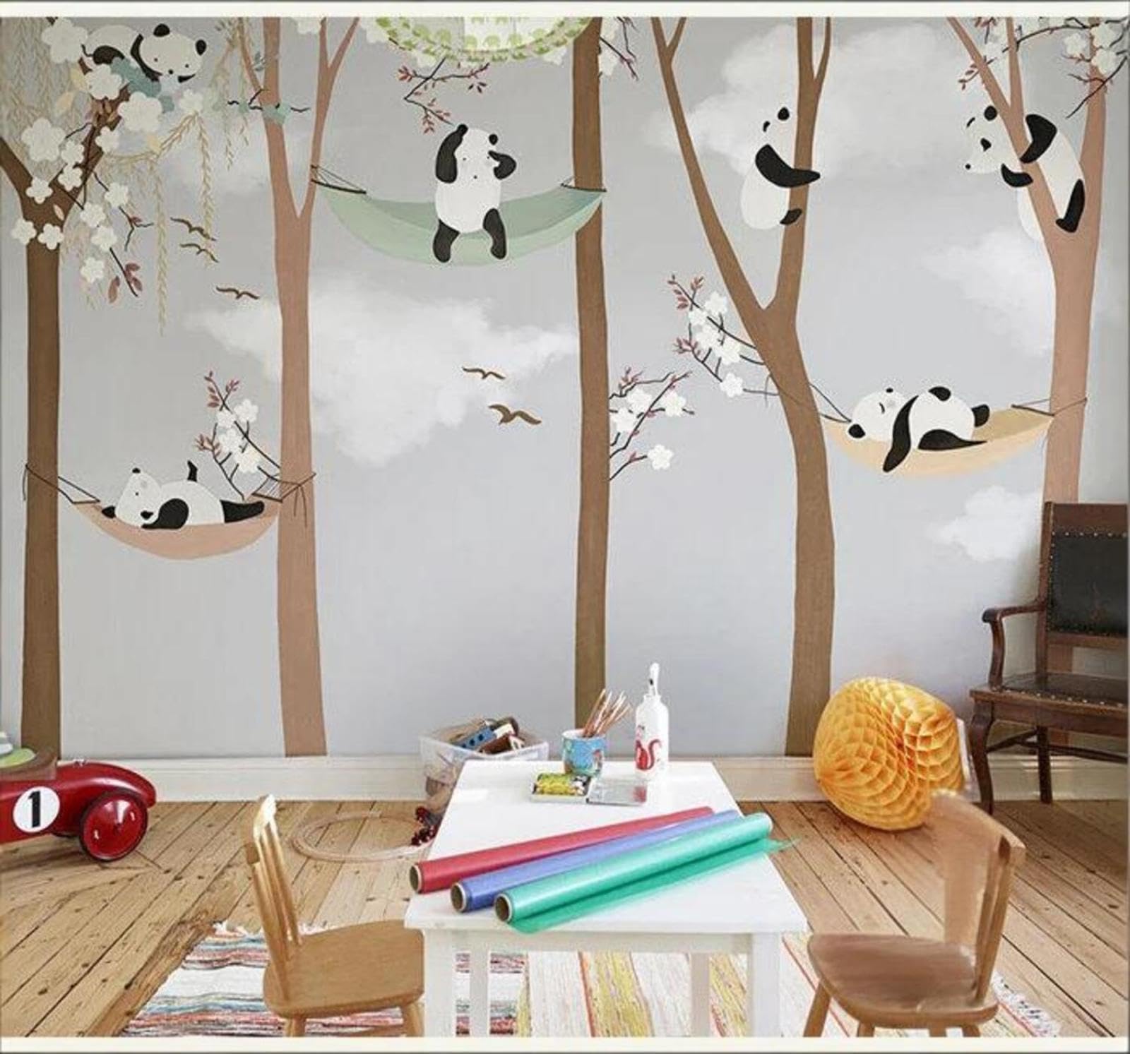 Tzxztt Cartoon Panda Birds Forest Landscape Modern 3D Wallpaper Premium Textured Silk Neutral Tones Material Ideal for Living Room Bedroom-250cm×170cm