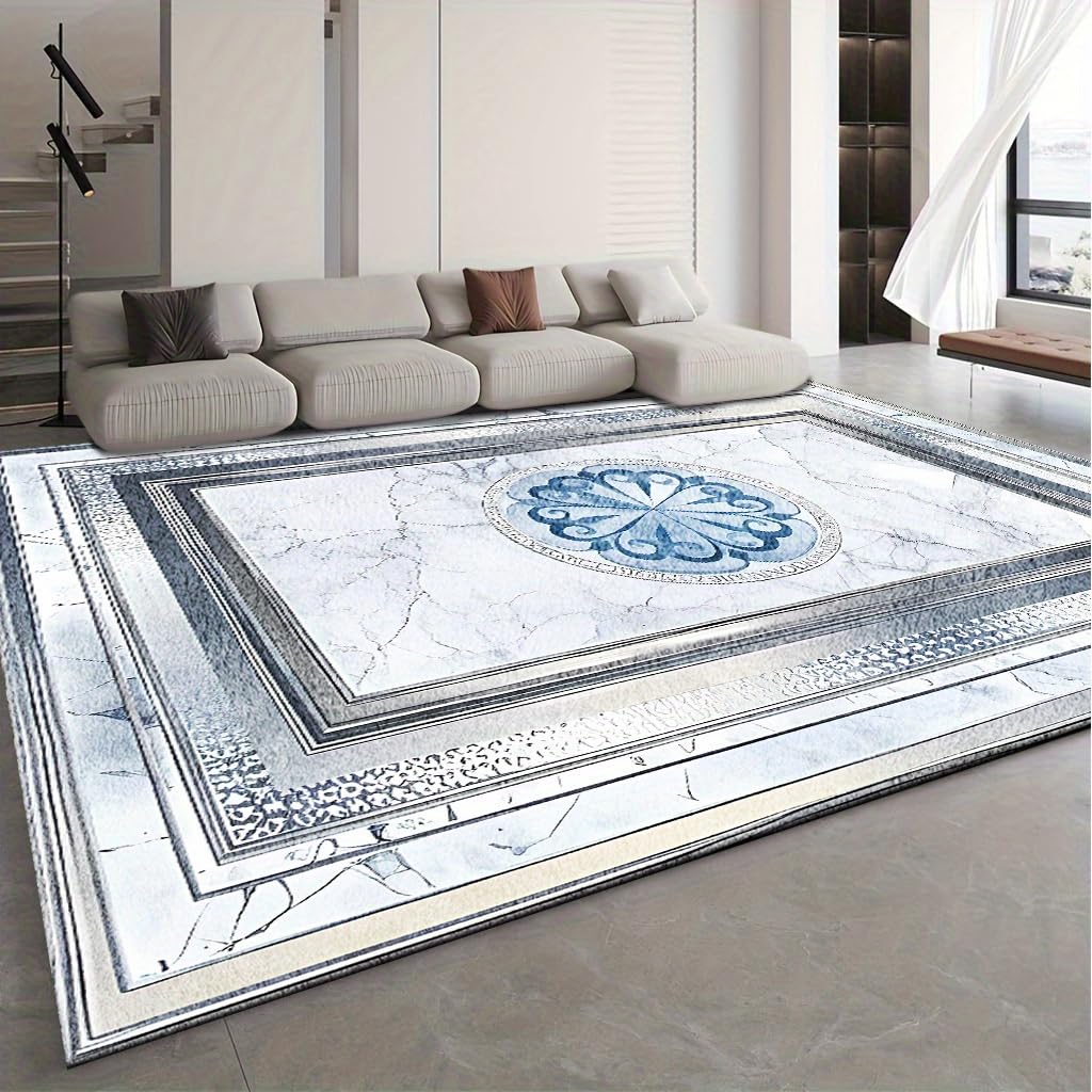 Tapis lavable antidérapant moderne motif floral bleu et gris