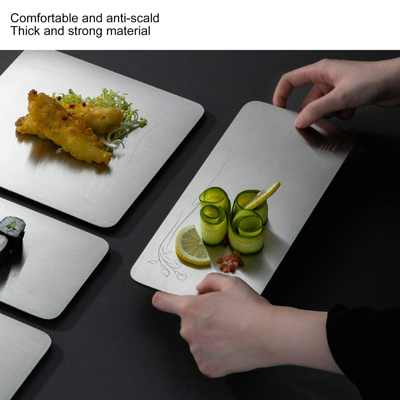 Bandeja para servir sushi de acero inoxidable 304 de alta calidad, parte inferior antideslizante, ideal para el hogar, restaurante, cafetería, plato de comida, elegante acabado plateado, tamaño como