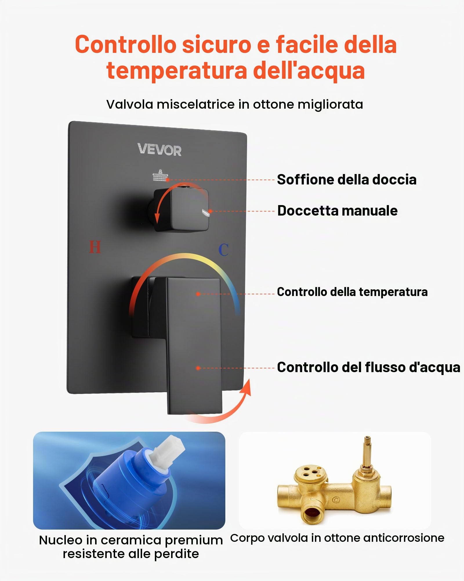 VEVOR Sistema Doccia a Pioggia per Bagno con Soffione Quadrato 254 mm e Doccetta, Set di Rubinetti da Doccia a Soffitto, con Valvola in Ottone e Kit di Finitura, Rubinetto Doccia, Nero Opaco