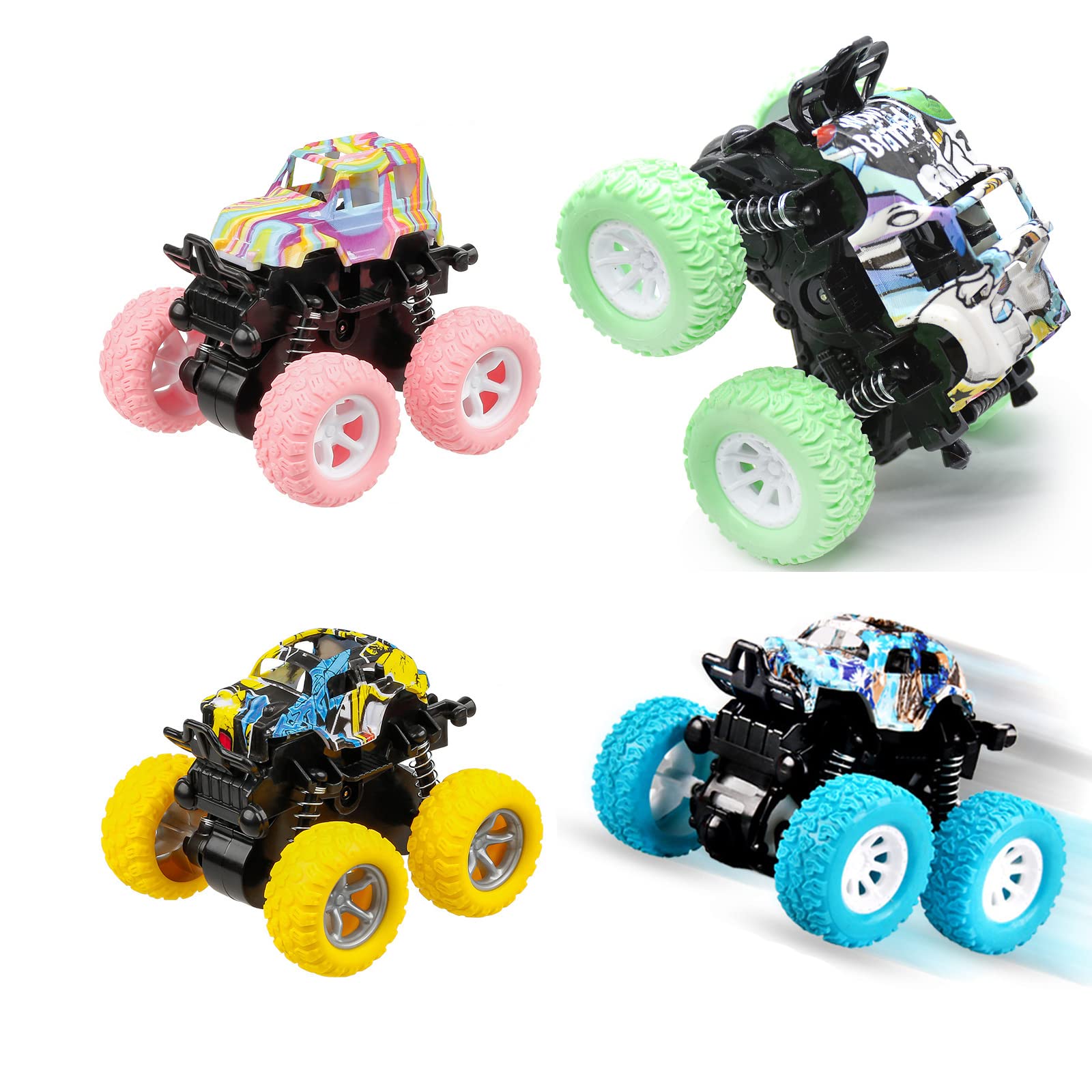 Hoifuttinhung Monster Truck for Boys 3 4 5 6 7 Year Old,4 Pack Push and Go Friction Powered Car Toys, Double-Directions Inertia Pull Back Vehicle Set,Gift for Boys and Girls Aged 3 and Up