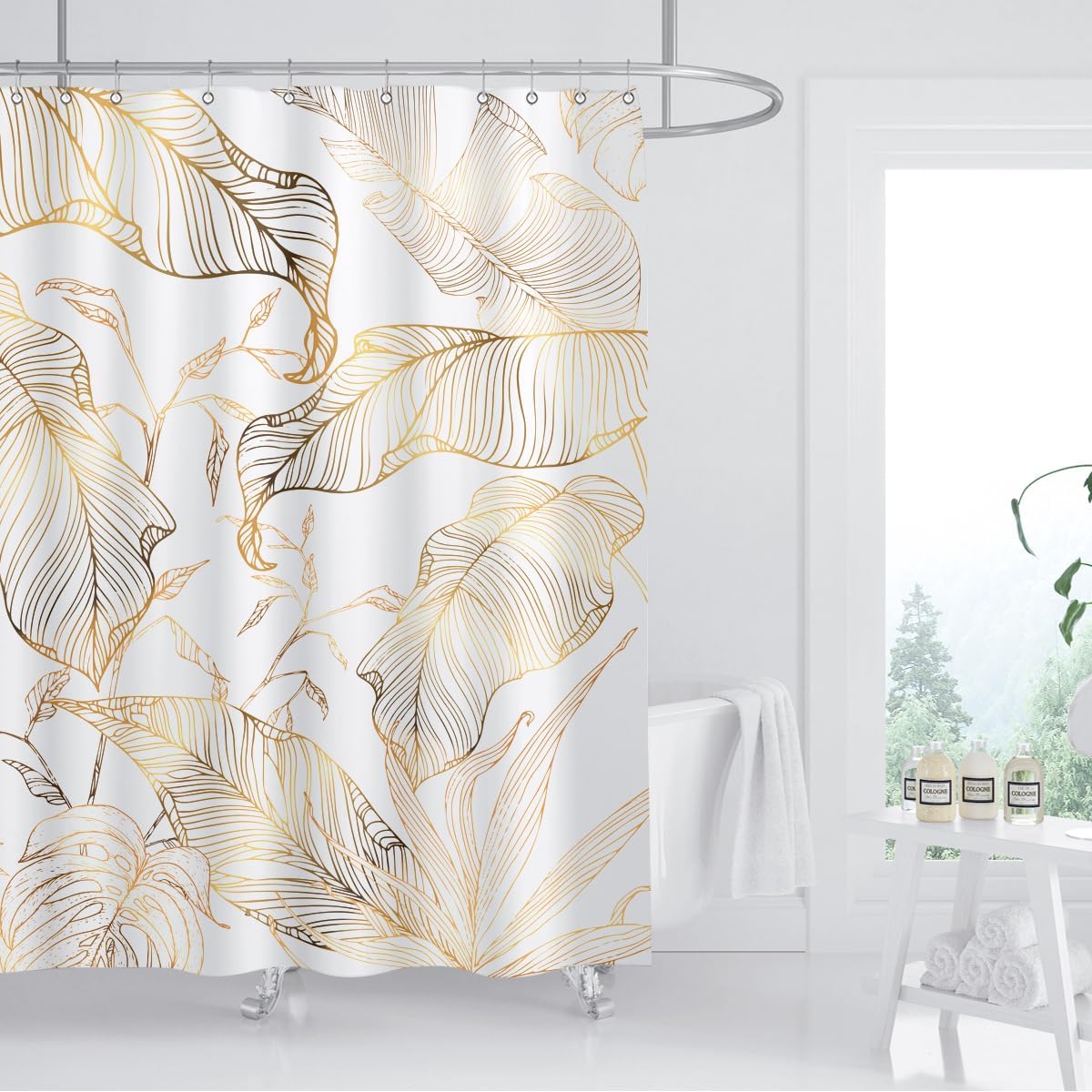 White Gold Tropical Palm Leaves Shower Curtain Abstract Banana Leaf Copper Chic Modern Botanical Plant Nature Aesthetic Bathroom Decor Waterproof Fabric 72Lx72W Inch with 12PCS Hooks Palm Leaves 72"W x 72"L (Pack of 1)