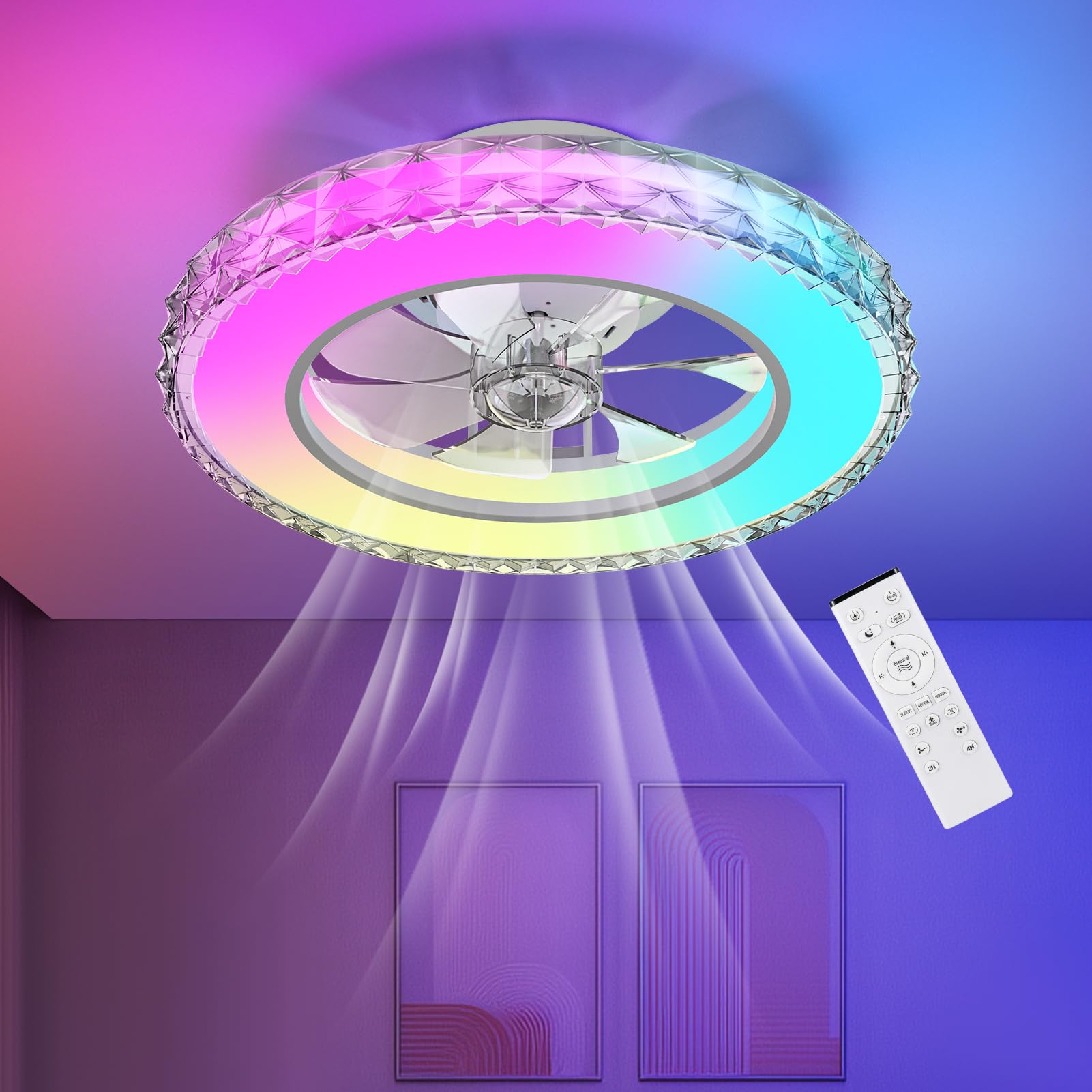Ateroll Ventilatore da Soffitto con Luce Ø43.5CM, DC 25W LED 25W Dimmerabile 3CCT (3000K-4000K-6500K)+RGB, 6 Velocità, Timer, Memoria delle impostazioni, Adatto per Camera da Letto, Soggiorno