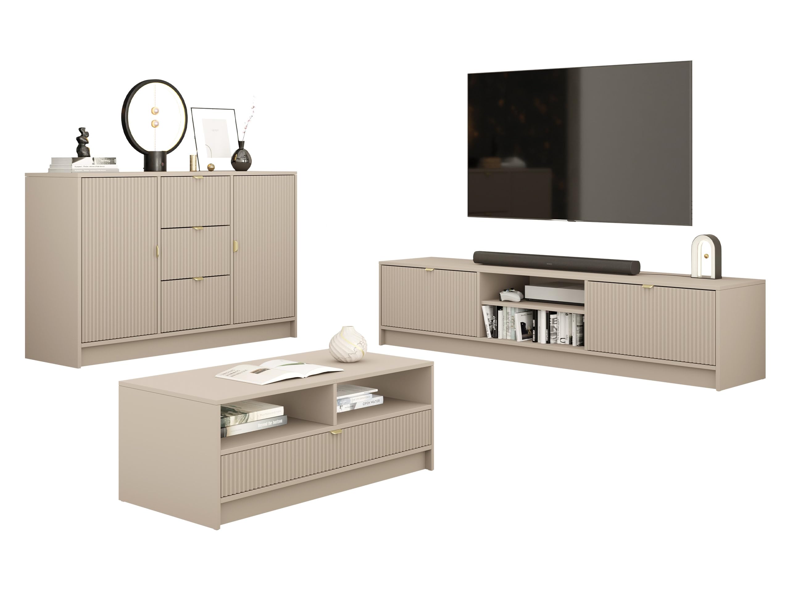 Mirjan24 Wohnzimmer-Set Tireno I, Anbauwand, Wohnzimmerschrank, Schrankwand, geriffelte Fronten, im Set: Kommode, Couchtisch, TV Schrank (Sandbeige)