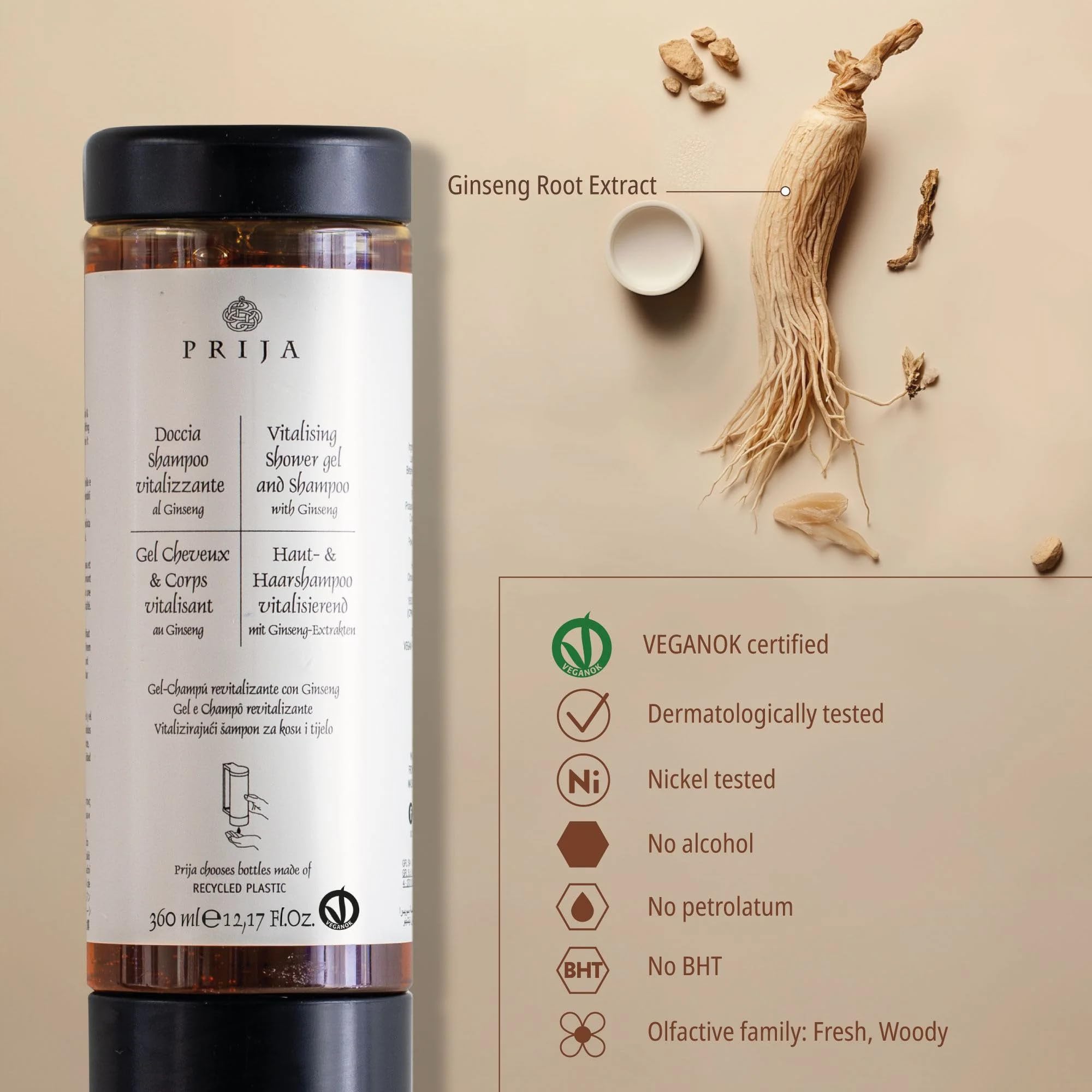 Prija Shampoo per pelle e capelli rivitalizzante con ginseng 360 ml Cysoap pressa cartuccia dispenser Flkon Hair & Body Gel doccia Hotel Spa Wellness Appartments (18 x 360 ml)