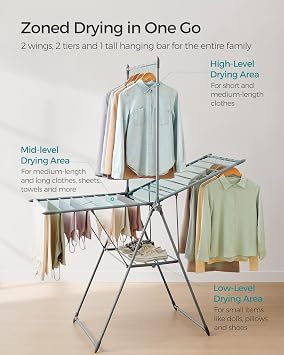 SONGMICS HOME Clothes Drying Rack, Foldable 2-Level Laundry Drying Rack, Free-Standing Airer, 1 Additional Tall Hanging Bar, 2 Height-Adjustable Wings, 24 Drying Rails, Space Savng, Gray ULLR521G01