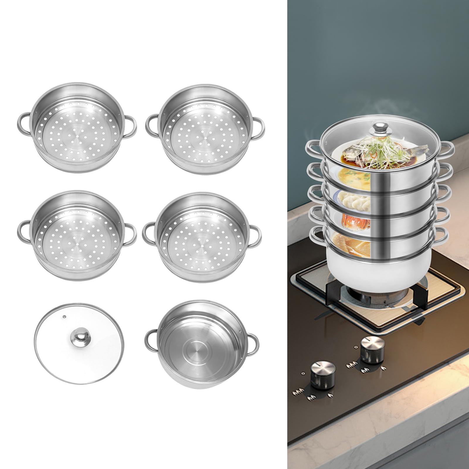 5-Tier Dampfgarer aus Edelstahl 30cm | Biodampfkocher mit Glasdeckel | Silver Dämpfer für verschiedene Herdarten | Gemüse-/ Kartoffeldämpfer | Edelstahldampfer | Spülmaschinengeeignet (28 cm)