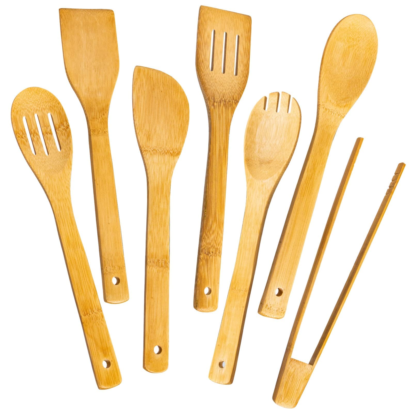 Houbobo 7-Piece Wooden Spoons for Cooking, Natural Wooden Cooking Utensils Set with Spoons, Spatula and Kitchen Tongs, Premium Kitchen Nonstick Utensils Set for Home, Apartment