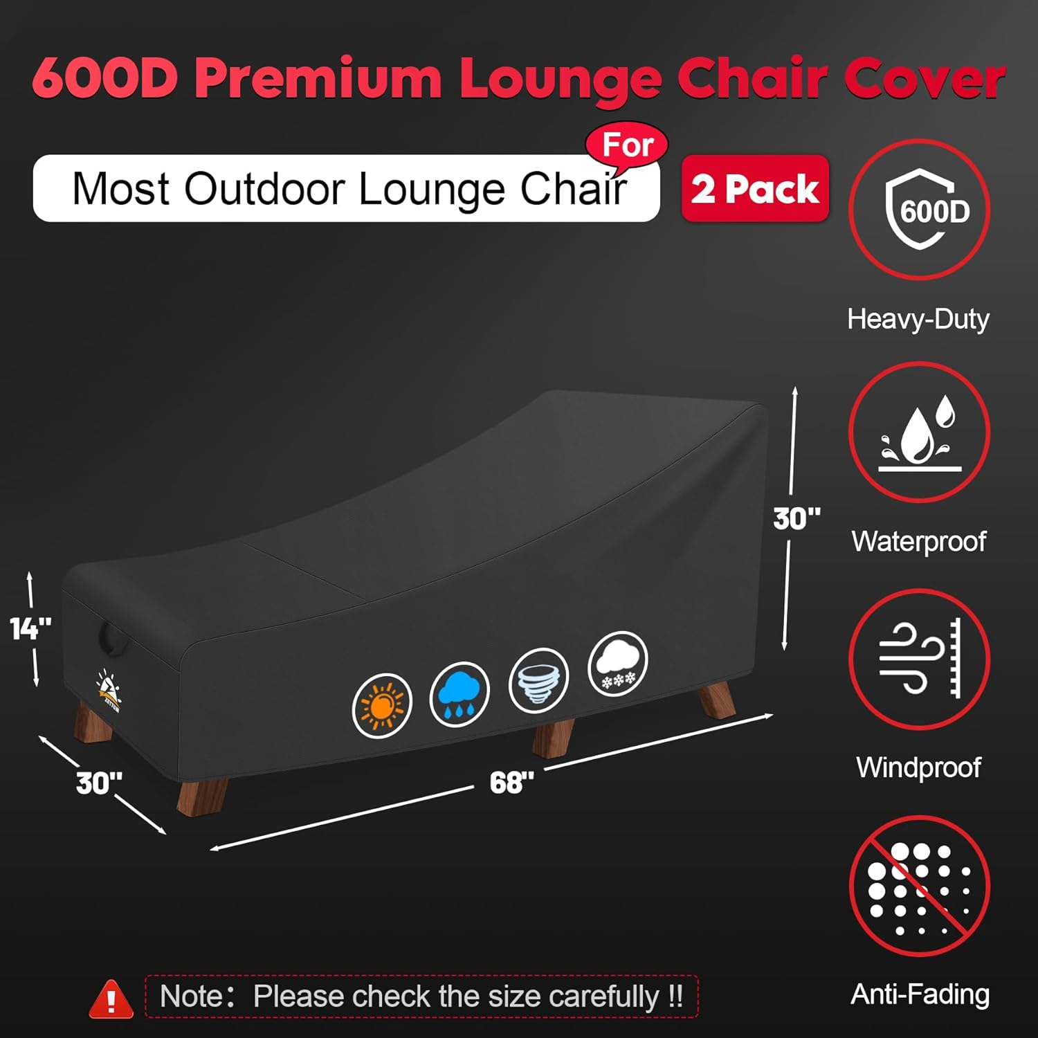 Zettum Outdoor Lounge Chair Cover 2 Pack - Waterproof Patio Chaise Lounge Chair Cover, 600D Heavy Duty Outdoor Seating Covers For Pool Lounge Chair, Lawn Bench Furniture 68 x 30 x 30 Inch - Image 2
