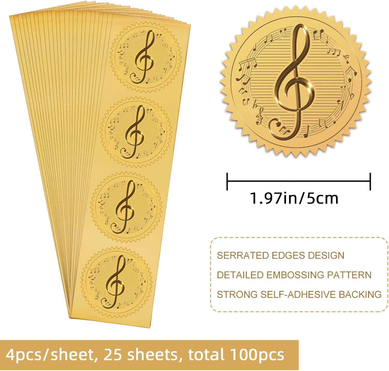 CRASPIRE Gold Foil Certificate Seals Music Note 2" Round Self Adhesive Embossed Stickers 100pcs for Invitations, Certification, Graduation, Notary Seals, Corporate Seals, Monogram Emboss : Office Products