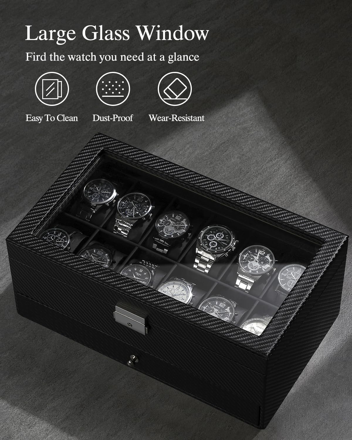 Caja de Reloj para 12 Relojes, Caja de 2 Niveles con Tapa de Cristal y Cajón, Caja de Reloj para Hombre con Cerradura de Llave para Hombres, Anillos, Gemelos y Relojes, Color Negro