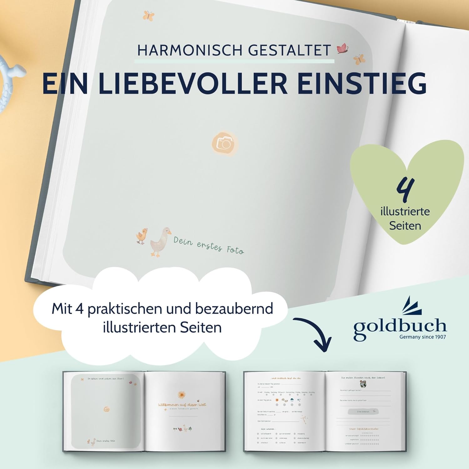 goldbuch 15 512 Baby Album Full of Wonder Meadow with Flower Motif, Linen Texture Photo Album with 58 White Blank Pages, Glassine & 4 Illustrated Pages, Album, Paper, Approx. 30 x 31 x 4 cm, Sage