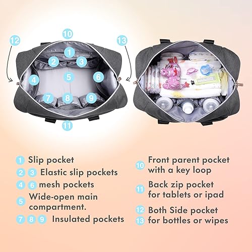 Miniatura 45 de Dikaslon Bolsa de pañales con funda para chupete y cambiador, bolsa de pañales de viaje grande para mamá y papá, bolsa de bebé multifunción