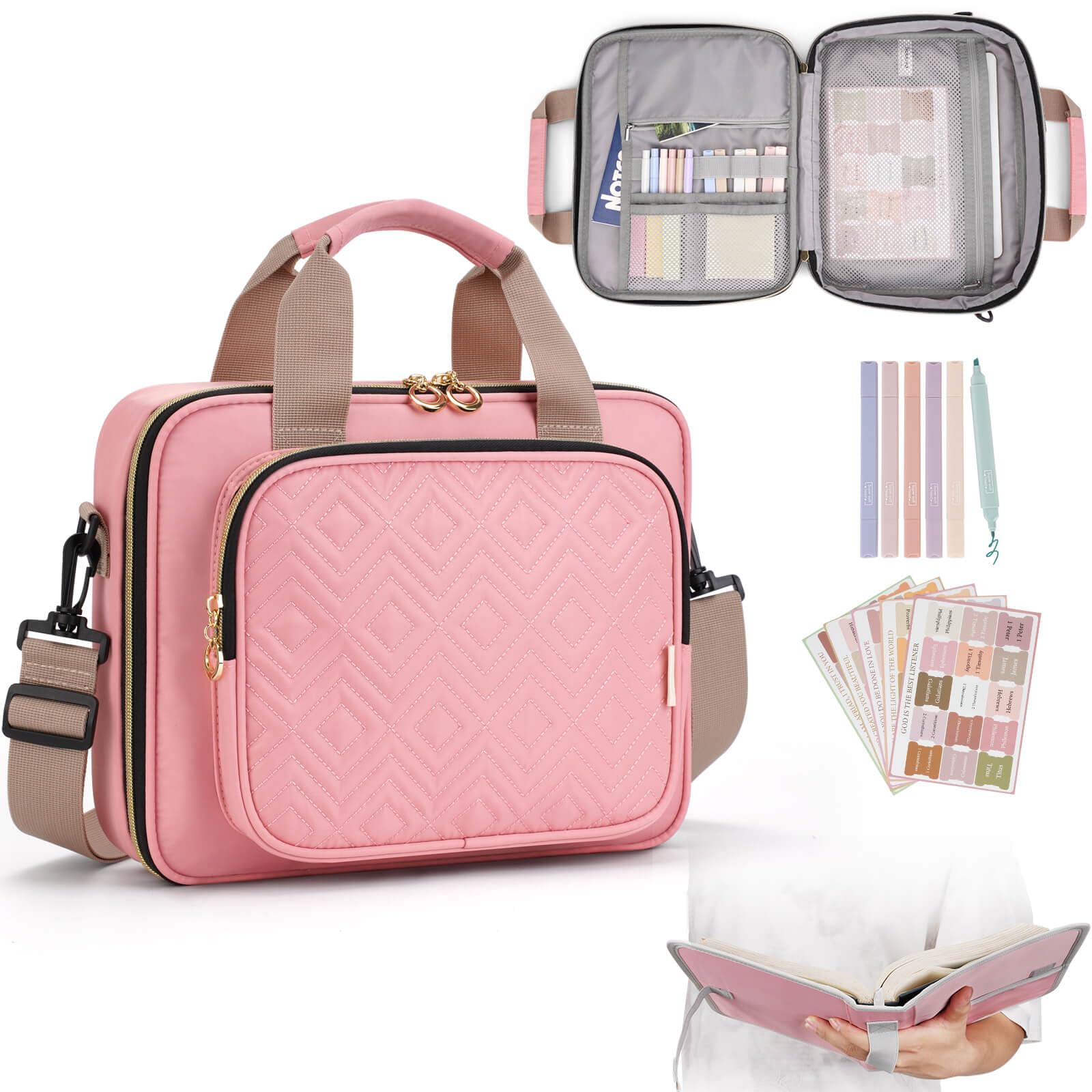 Bible Cover Case for Women with No Bleed Highlighters Pens and Bible Tabs, Large Bible Bag Case with Add-On Book Cover, Bible Study Supplies Bible Journaling Kit