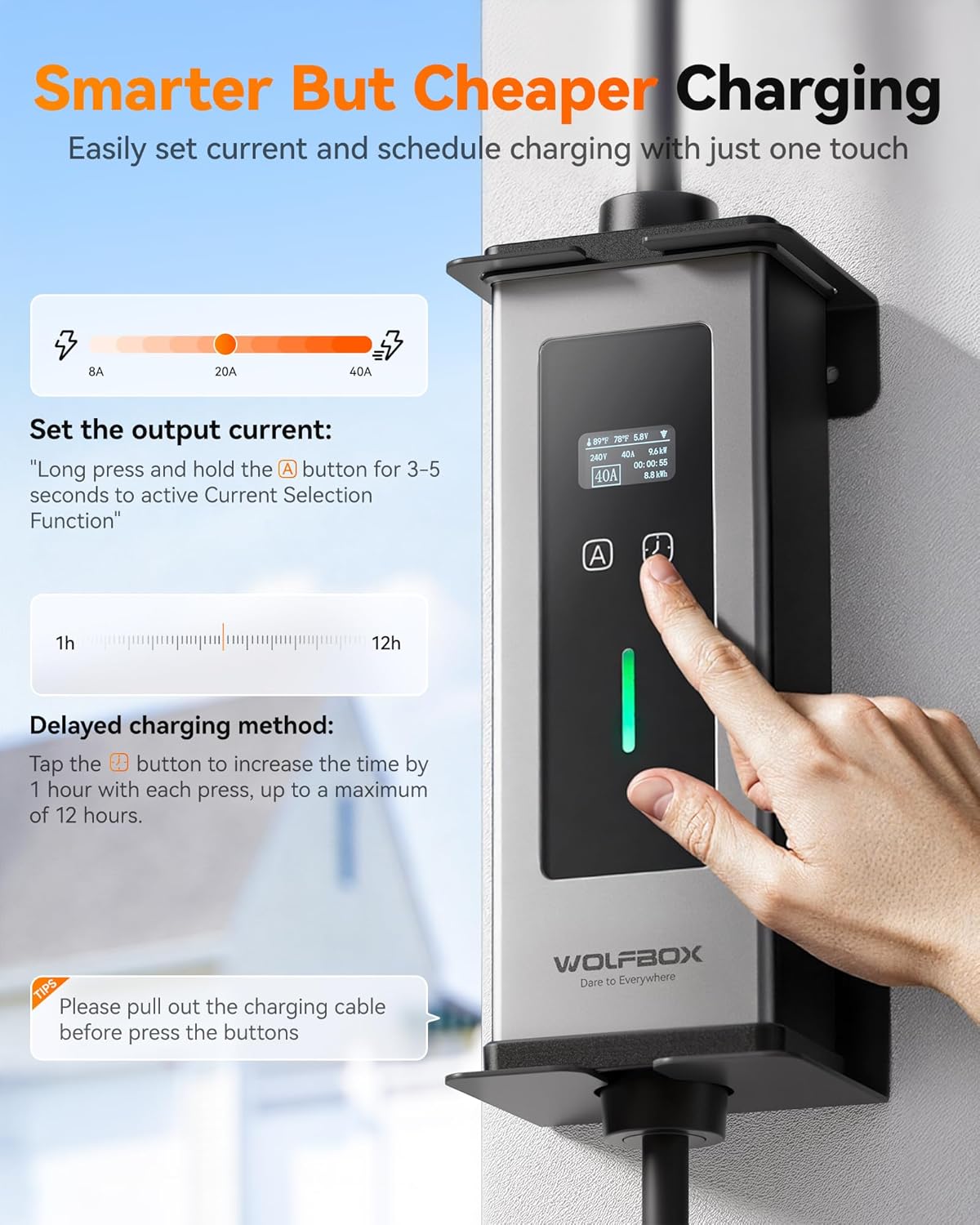 WOLFBOX Home & Portable Level 2 Electric car Charger 40Amp J1772,ETL Certified, 25ft Cable,Outdoor/Indoor,208-240V,ev Charger Station with NEMA 14-50R Plug Adapter(PE40)