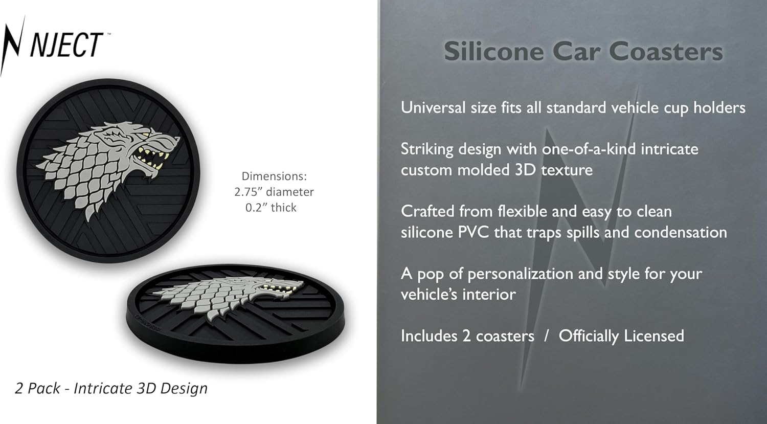 Officially Licensed Game of Thrones House Stark Direwolf Automotive 3D Textured Silicone Coasters (2.6" Diameter) | Universal Fit for All Cars, Trucks, SUVs & More | Non-Slip Durable | Set of 2