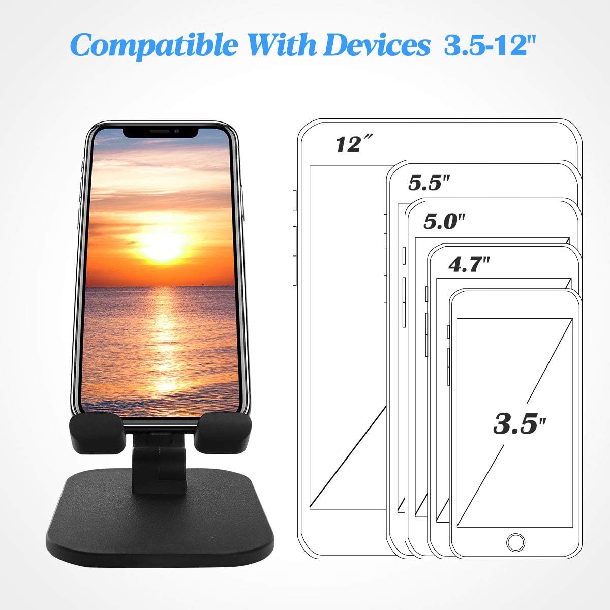 Adjustable Cell Phone Stand for Desk: Angle Height Adjustable Foldable Cellphone Holder w/Anti-Slip Silicon Pad for Office, Compatible with iPhone 11 12 Max Xr X 8 iPad Mobile Samsung Galaxy, Black