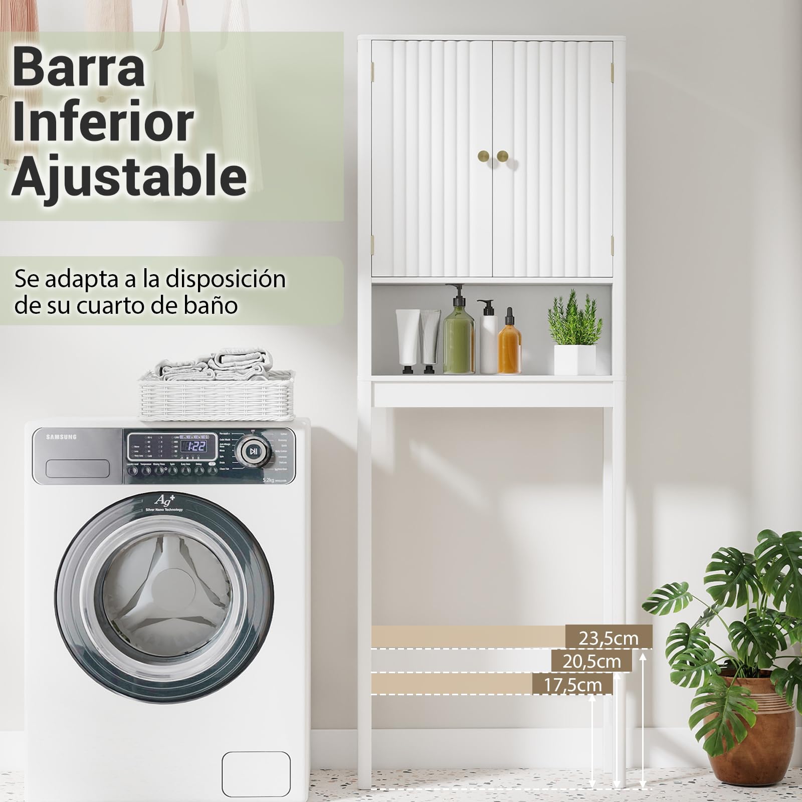 GIANTEX Mueble Organizador sobre Inodoro, Armario de Pie con 2 Puertas y 1 Compartimento Abierto, Estante Inferior Ajustable, 60 x 23 x 168 cm, Estantería Alta para Baño, Lavadero (Blanco)