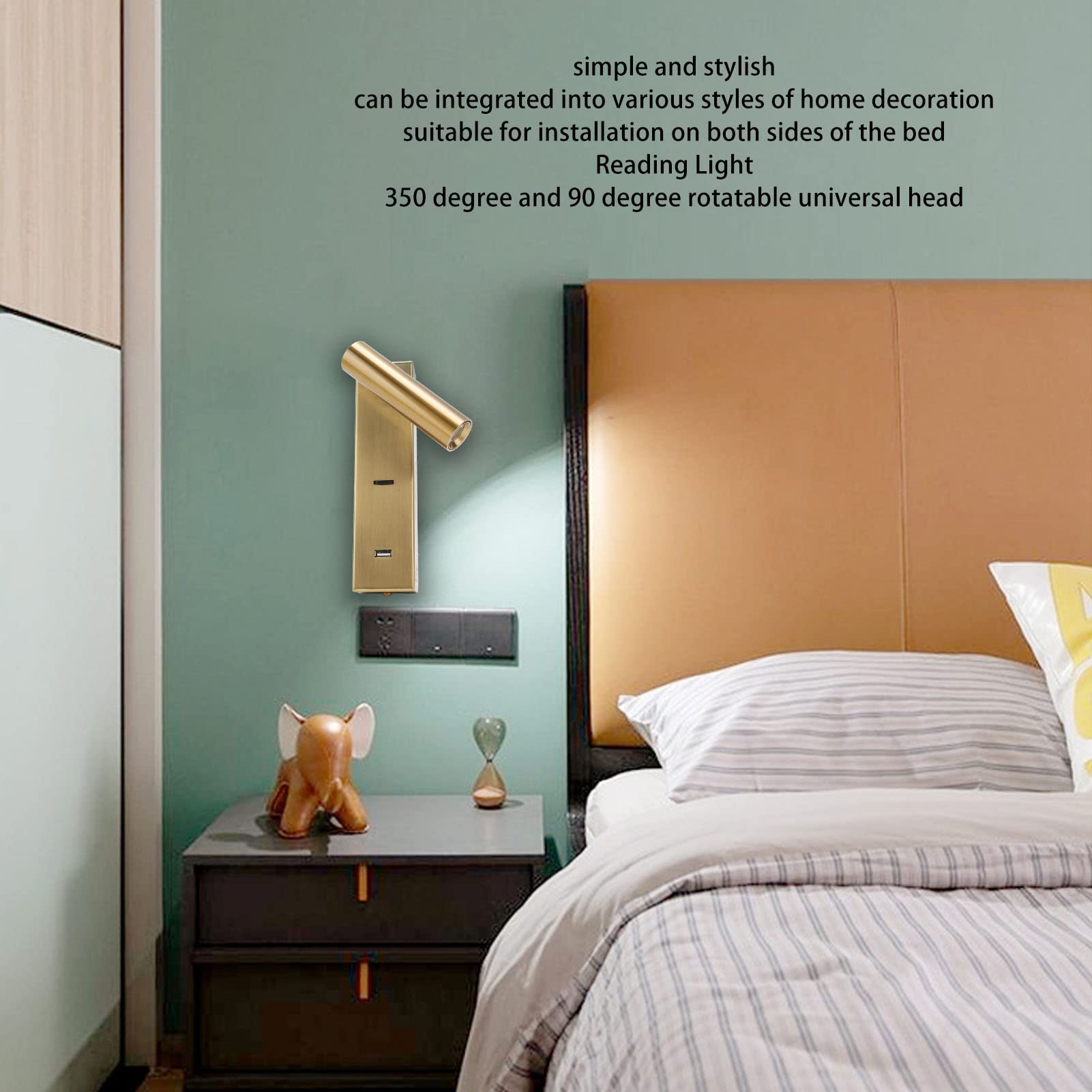 Fdit Luz de Lectura LED Montada en la Pared, Luces de Libro de Material de Aleación de Aluminio, Lámpara de Pared de Dormitorio de ángulo Ajustable con Salida USB, para Dormitorio de