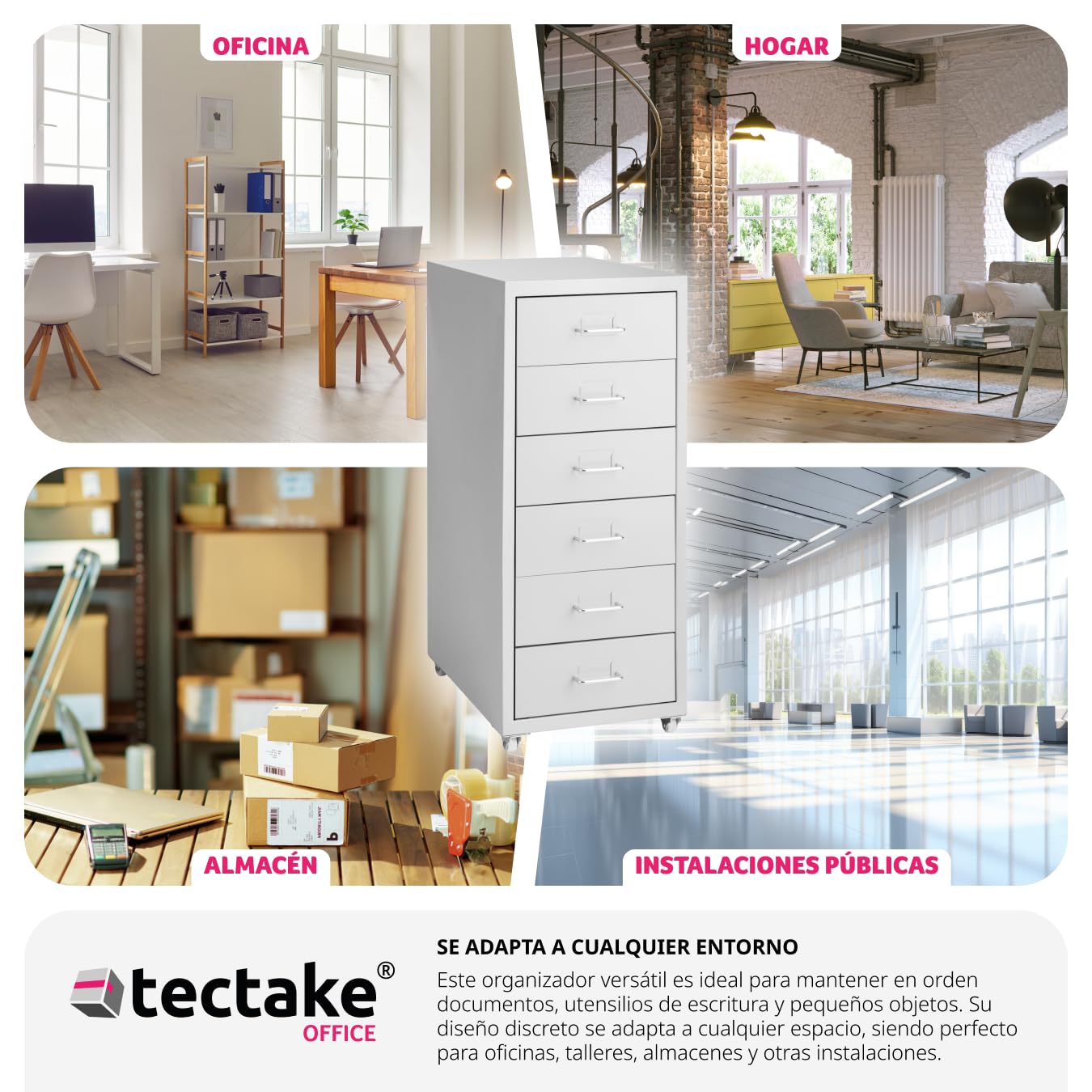 tectake® Cajonera 41x28x69 cm con Ruedas de Metal, 6 Cajones para Almacenamiento, Oficina y Despacho, Cajonera Escritorio, Cajoneras, Armario Interior, Armario Bajo - Gris Blanco