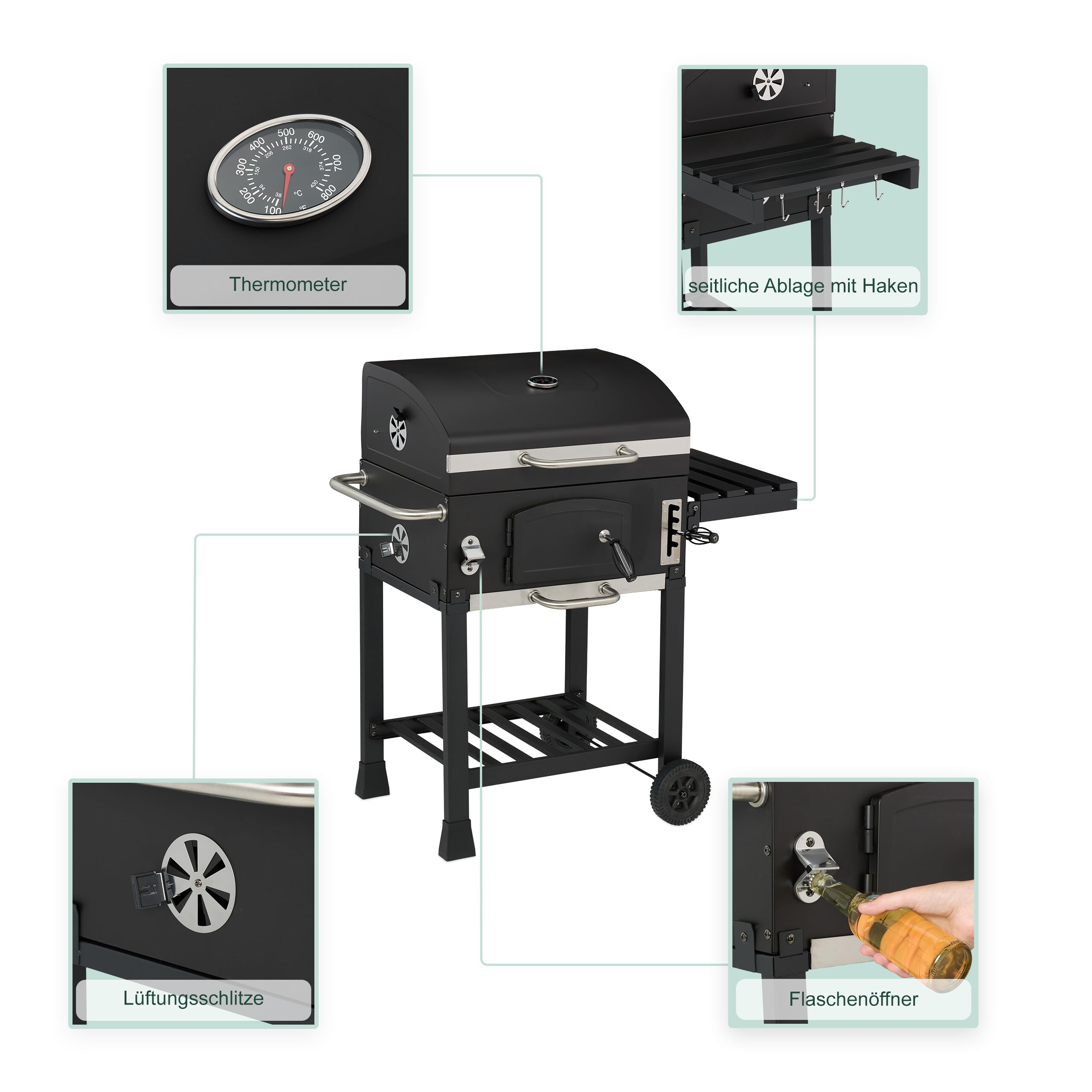 Relaxdays Holzkohlegrill Grillwagen, mit Deckel, BBQ-Grill mit Rädern, höhenverstellbar, Gartengrill XXL, schwarz/Silber