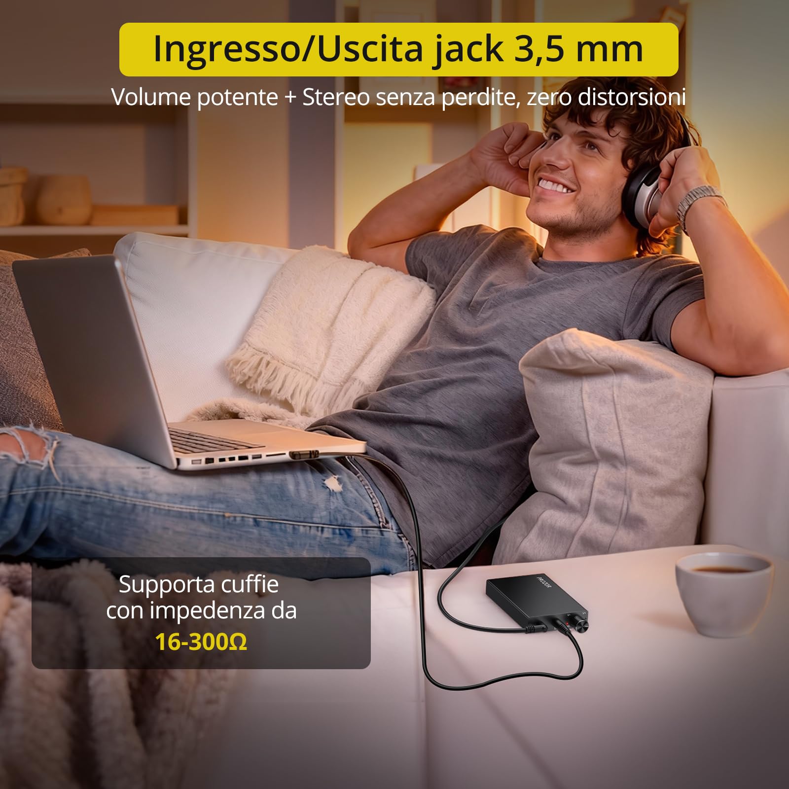 PROZOR HiFi Amplificatore per Cuffie da 16-300Ω Portatile, con Interruttore Gain, Amplificatore per Cuffie da 3,5 mm Ricaricabile USB-C AMP Design in Alluminio Compatibile con Smartphone, PC, MP3/4