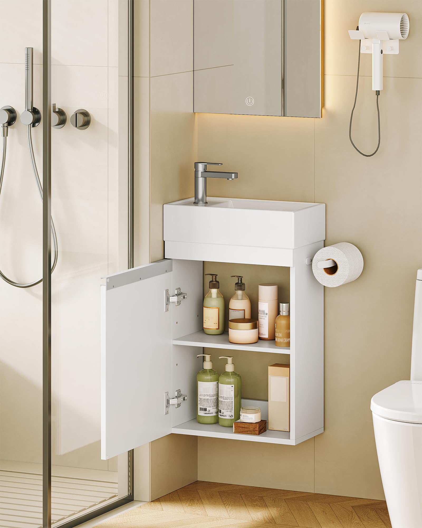 Hzuaneri Meuble Lavabo Suspendu, Lavabo en Céramique, Meuble de Salle de Bain, 1 Porte-Serviettes, 1 Grande Armoire de Rangement, Étagère Réglable, 22 x 40 x 55 cm, Blanc, BC40003X