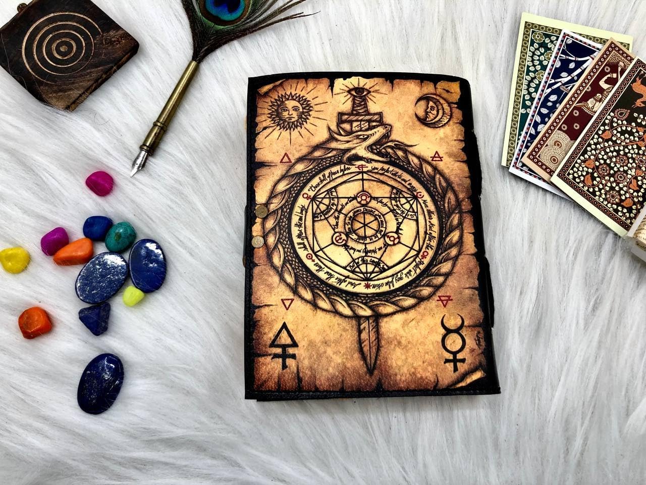 Blank Spell Book of Shadows Dragon Compass Print Grimoire Junk Journal Leather Notebook Vintage Journal with Handmade 200 Deckle Edge Paper great gifts for him her image 4