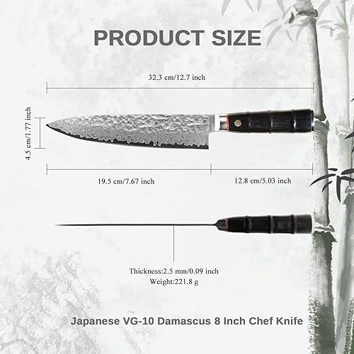 Miniatura 6 de Cuchillo de chef japonés profesional de 8 pulgadas, afilado de 67 capas Damasco VG-10 con núcleo de acero, cuchillo de cocina martillado con mango