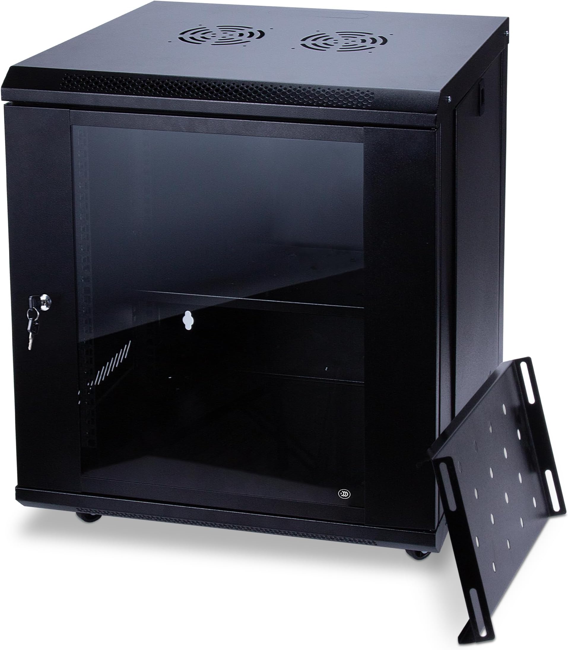 12U Server Rack Cabinet for 19" Network Equipment with Locking Glass Door and Universal Wheels Network Cabinet 2 Cooling Fan Mounting Holes on Top Black Network Cabinet